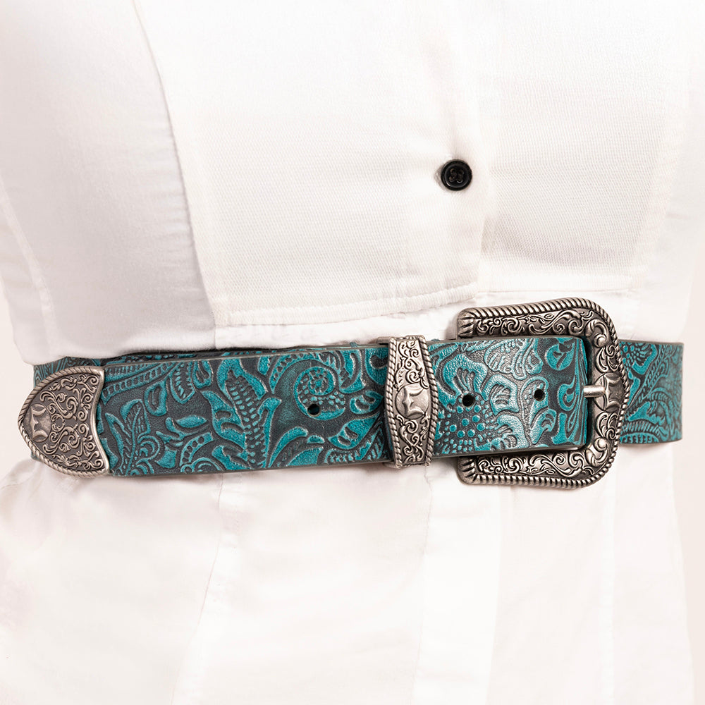 Sophia Belt- Turquoise Floral Leather