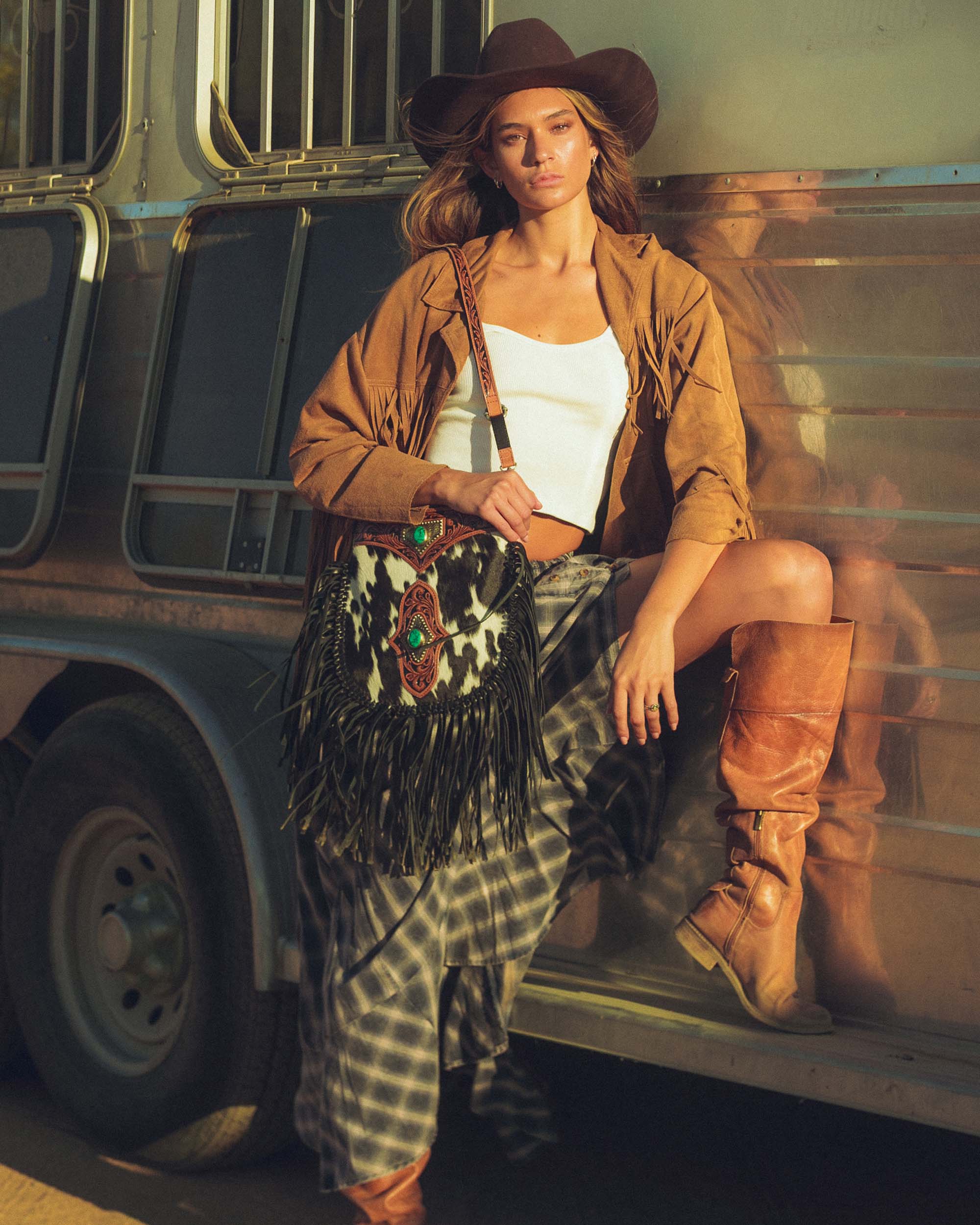 Loyal West Mojave Tassle Bag - Black & White Cowhide