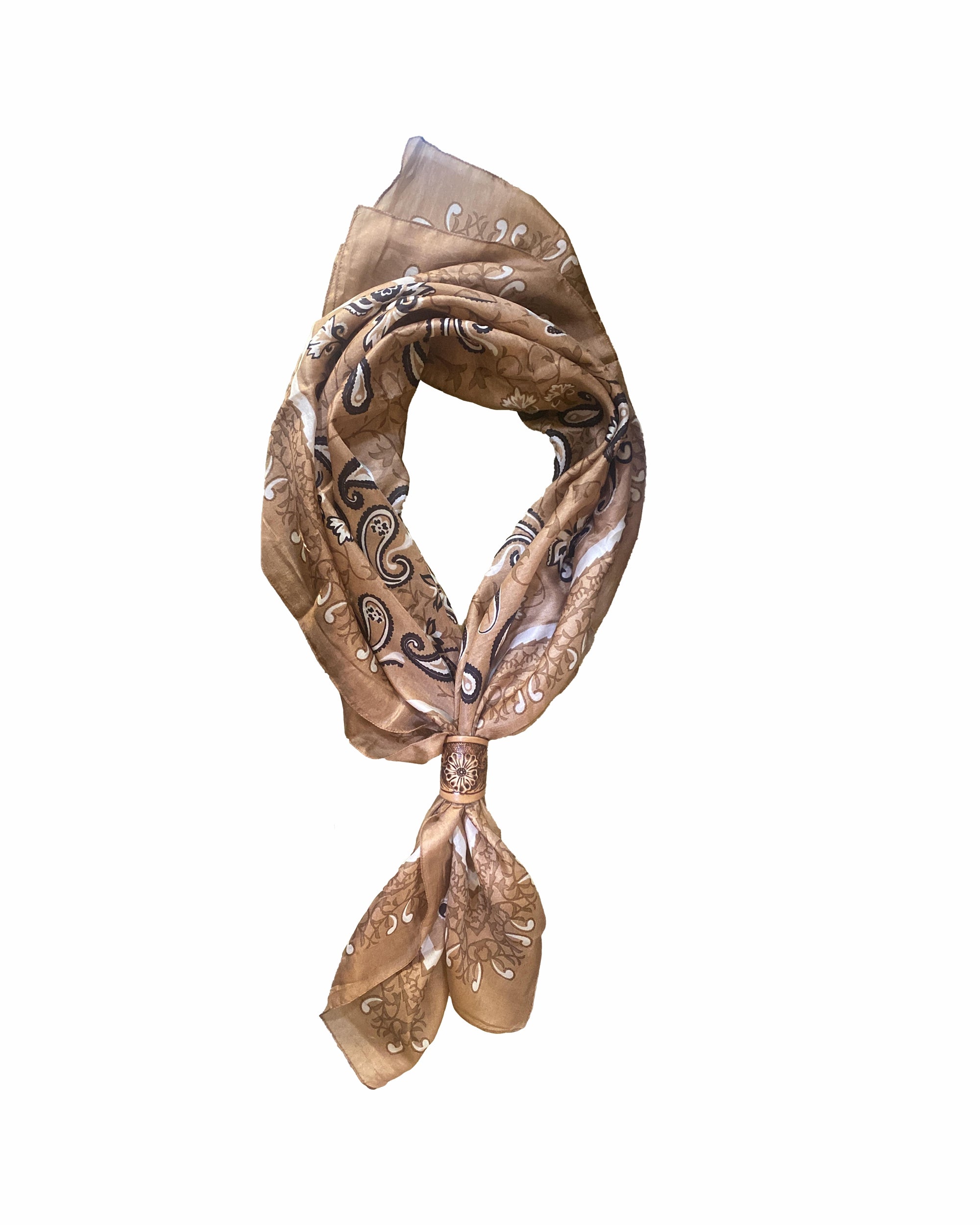 Bandana Canyon Silk Scarves With Handtooled Leather Slider - Saddle Brown