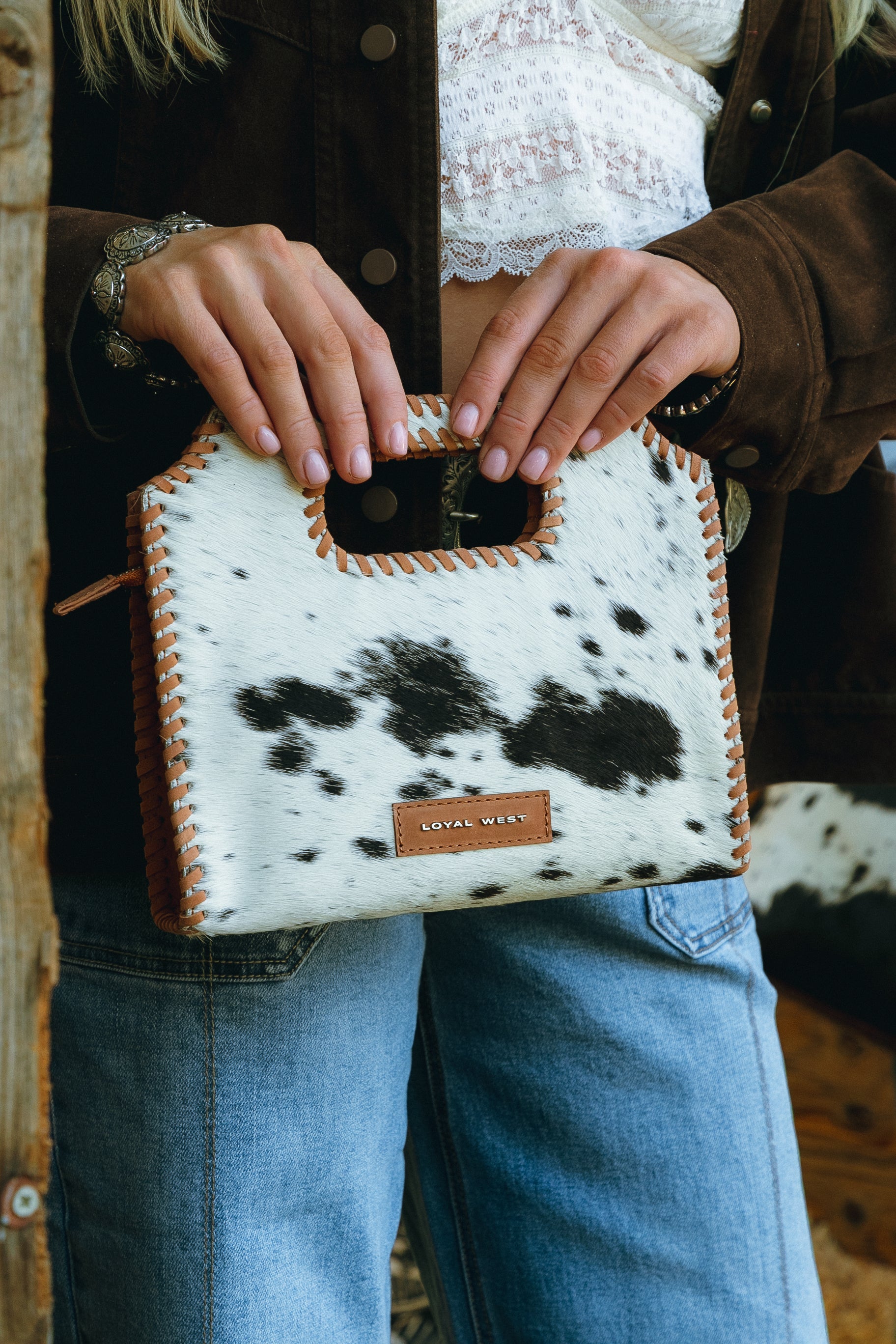 Alma Medium Hand Bag In Black & White Cowhide