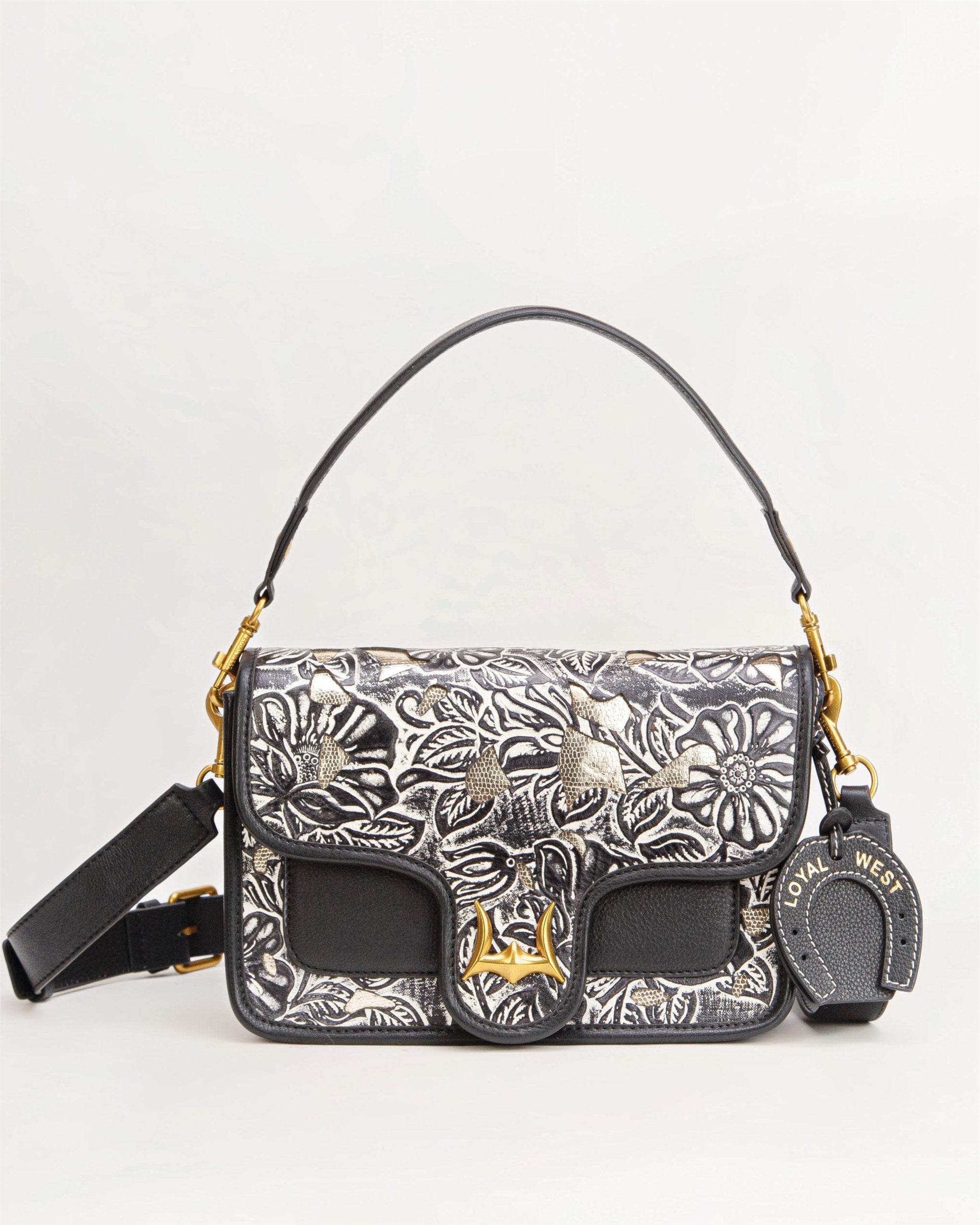 Shell Medium Purse Black Floral Leather