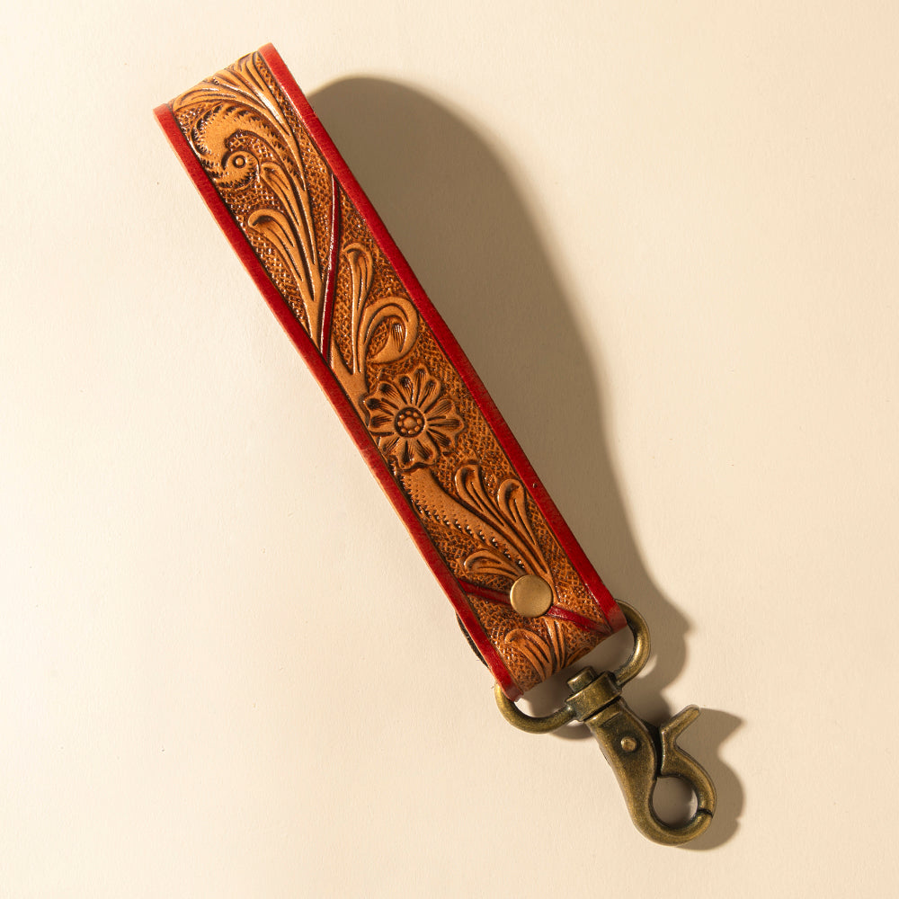 Canyon Pass Handtooled Leather Key Fob in Terracotta Saddle