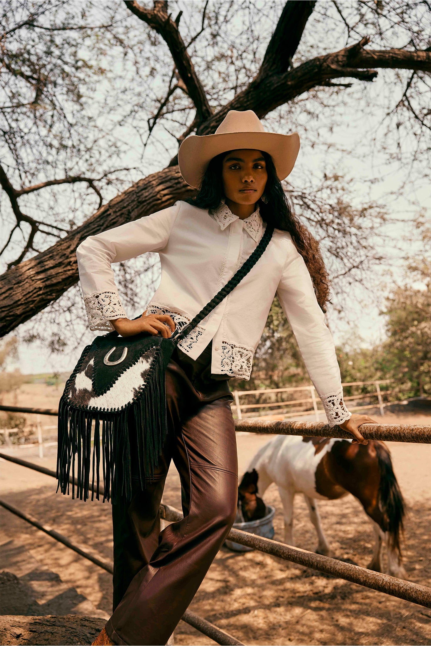 Mustang's Luck Leather And Hairon Bag In Black & White