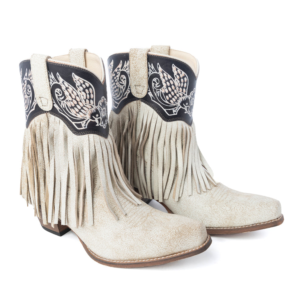 Canyon Night Bird Fringe Booties in Cream
