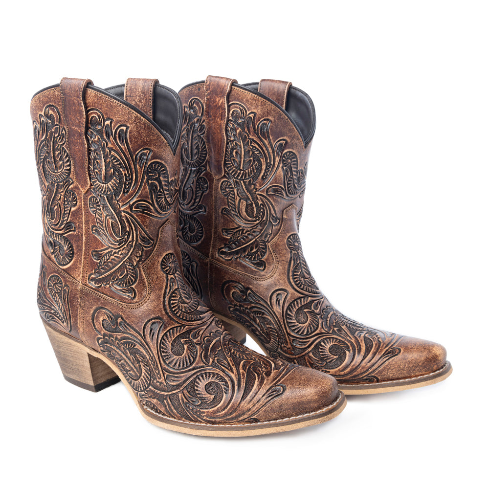 Paisley Vintage Patina Western Booties in Tawny Brown