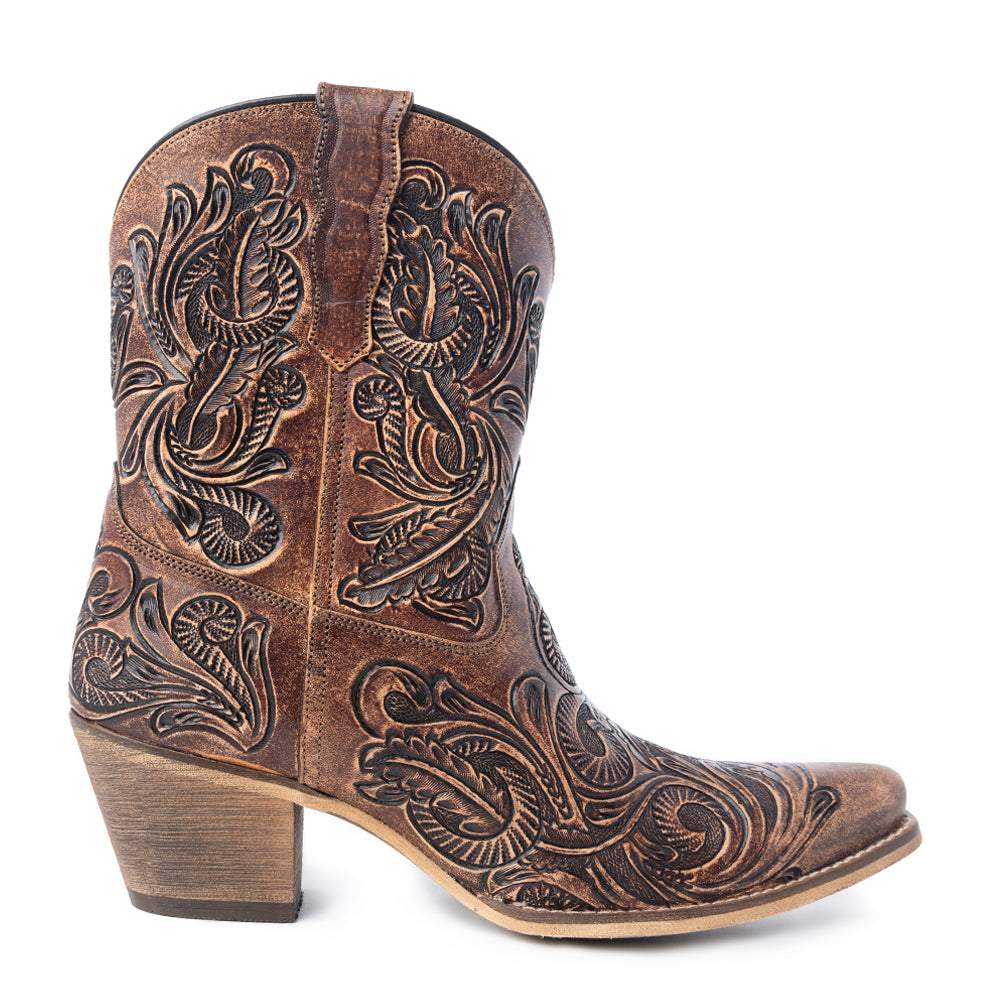 Paisley Vintage Patina Western Booties in Tawny Brown