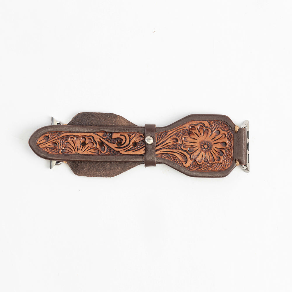 Lone Star Handtooled Leather Watch Band in Antique Mahogany