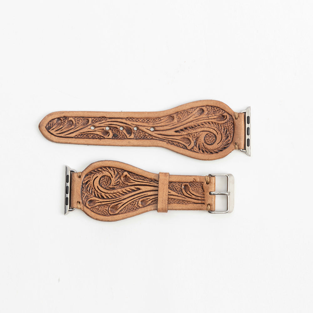 Lone Star Handtooled Leather Watch Band in Light Saddle Tan