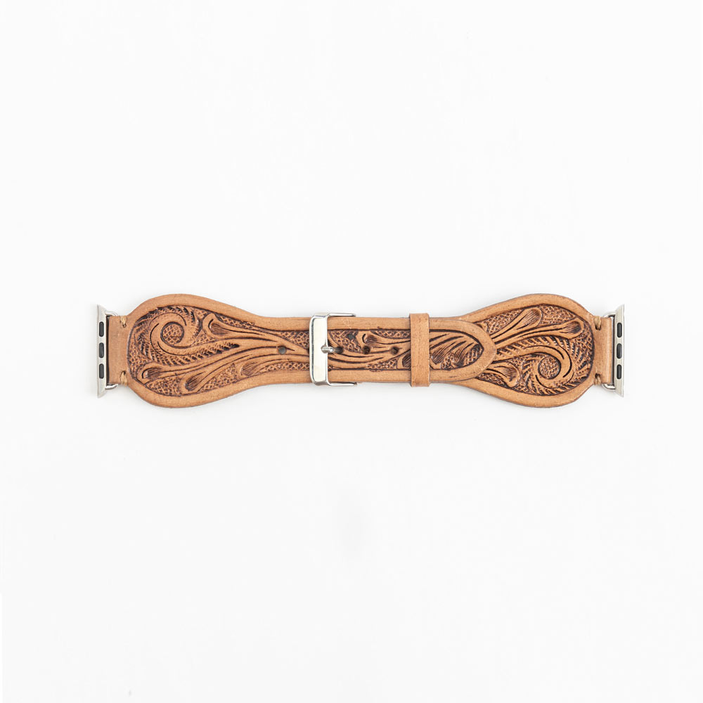 Lone Star Handtooled Leather Watch Band in Light Saddle Tan