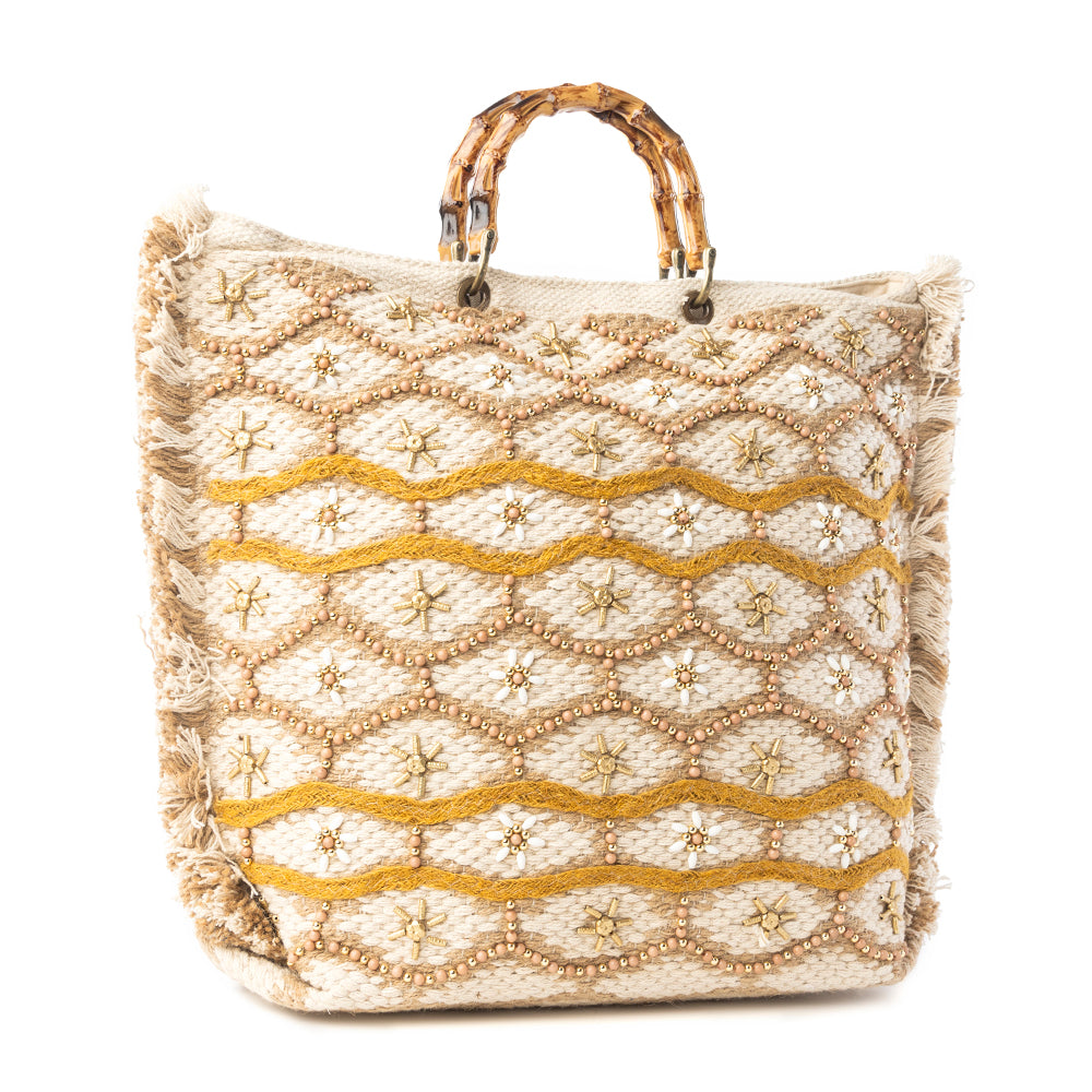 Solana Weave Hand Embroidered Tote Bag in Sunlit Glow