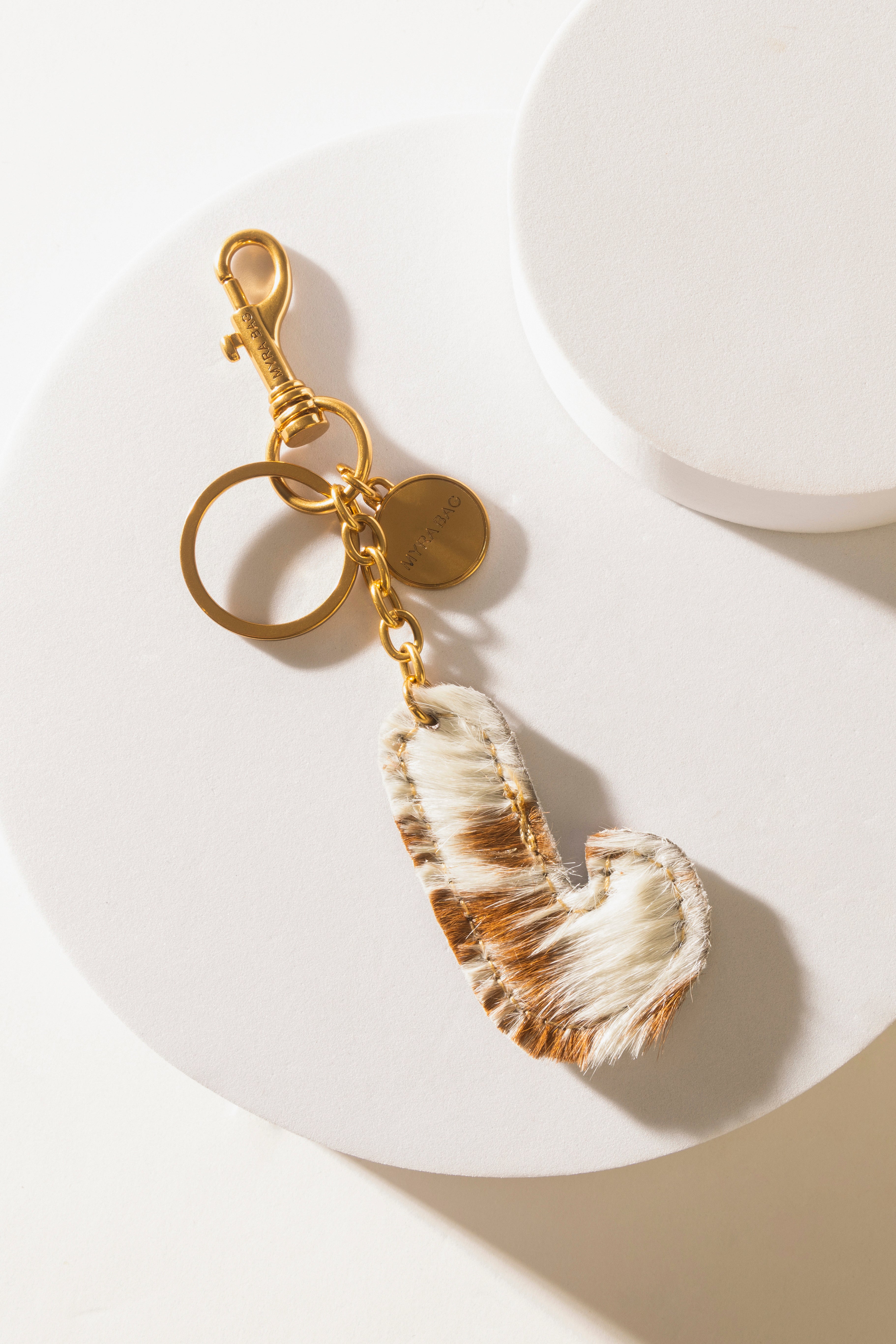 Alpha 'J' Hairon Bag Charm in Brown & White