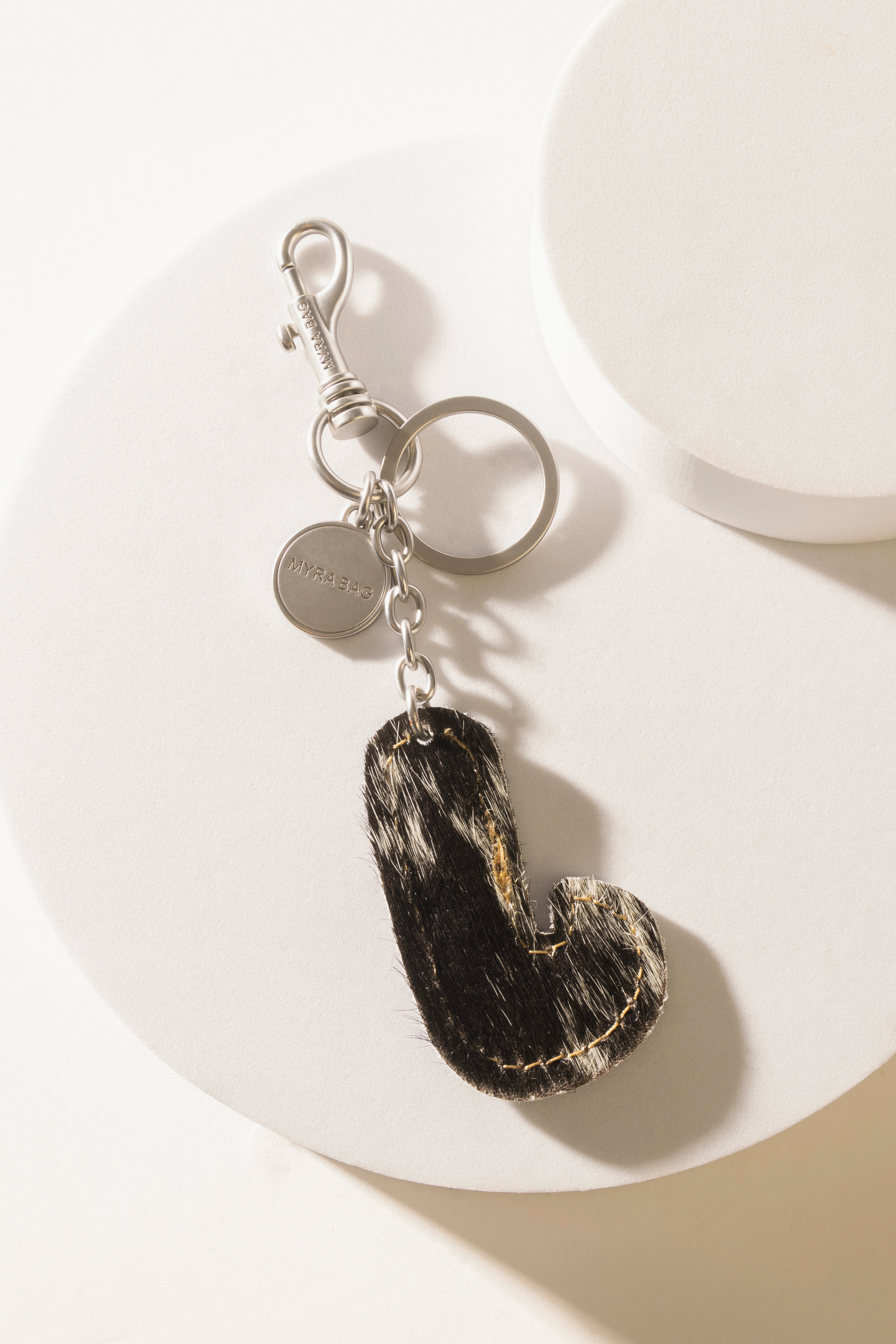 Alpha 'J' Hairon Bag Charm in Black & White