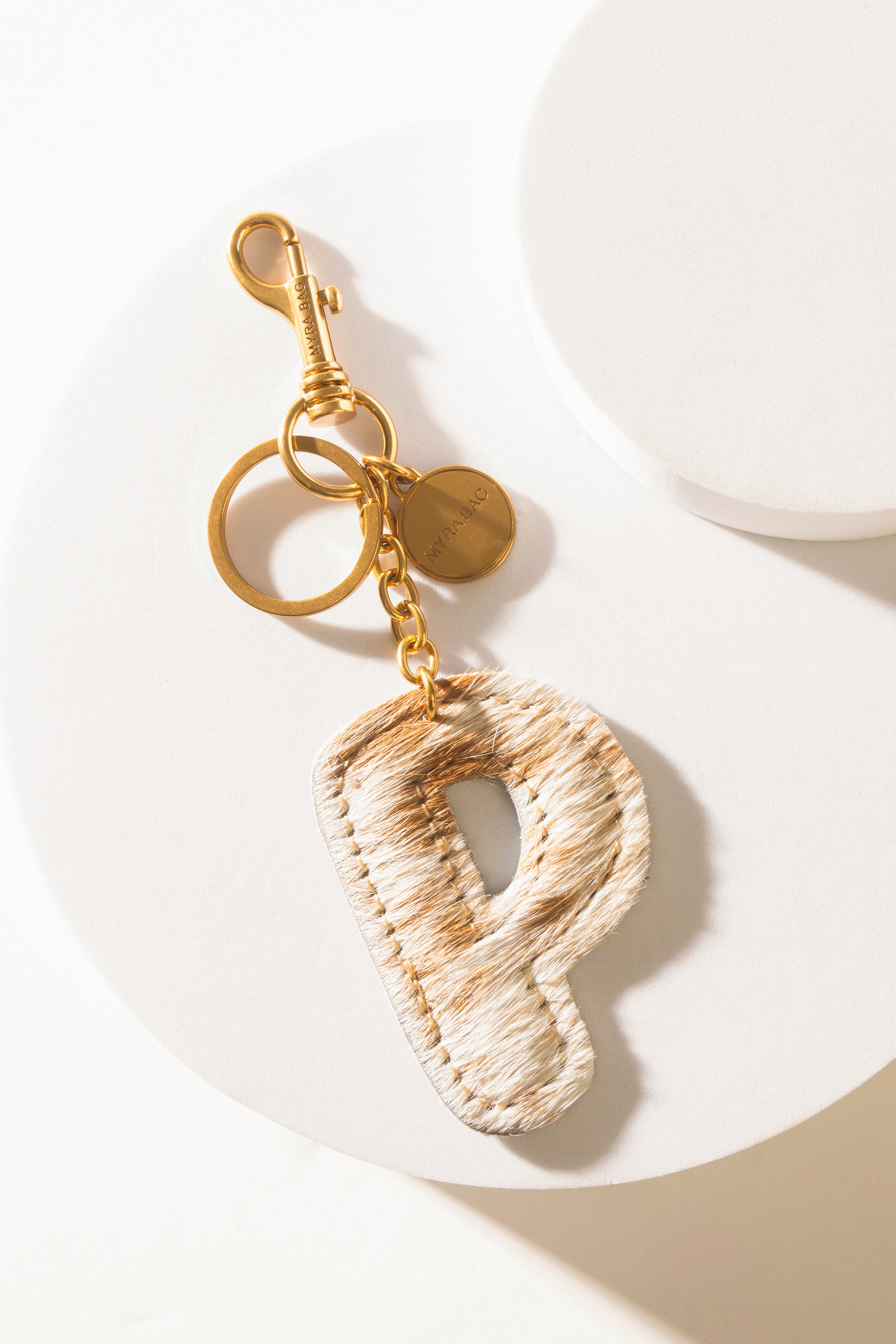 Alpha 'P' Hairon Bag Charm in Brown & White