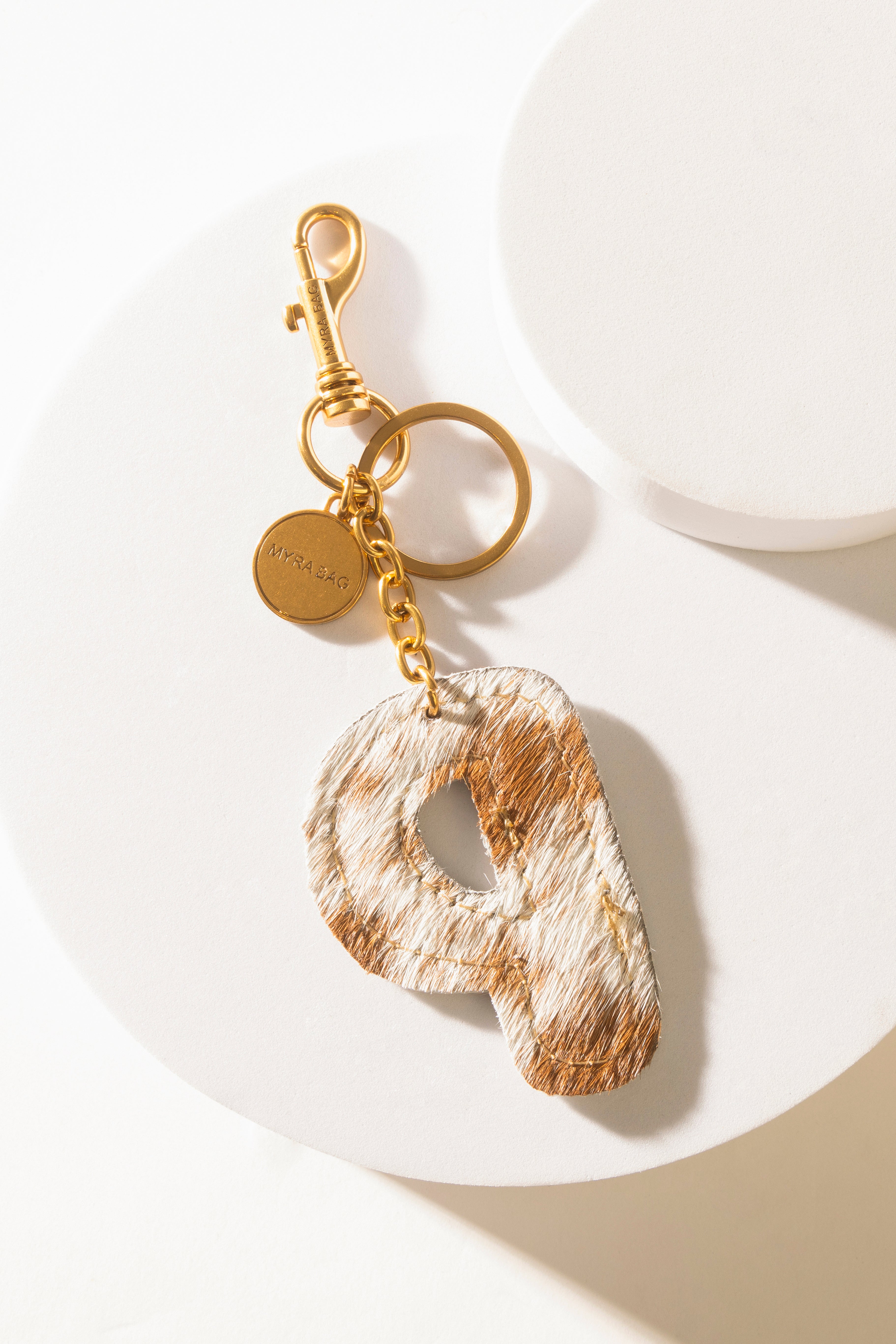 Alpha 'P' Hairon Bag Charm in Brown & White