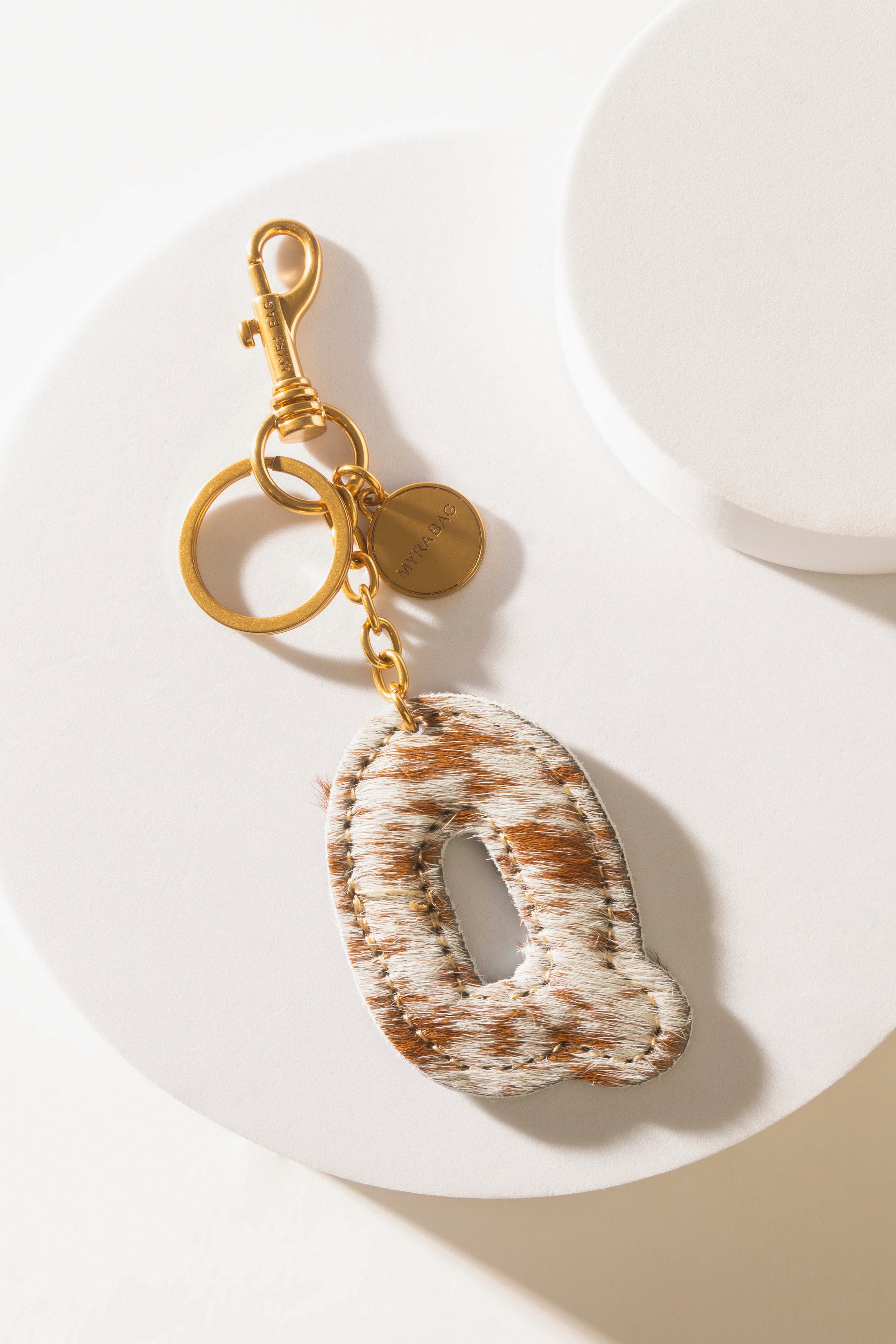Alpha 'Q' Hairon Bag Charm in Brown & White
