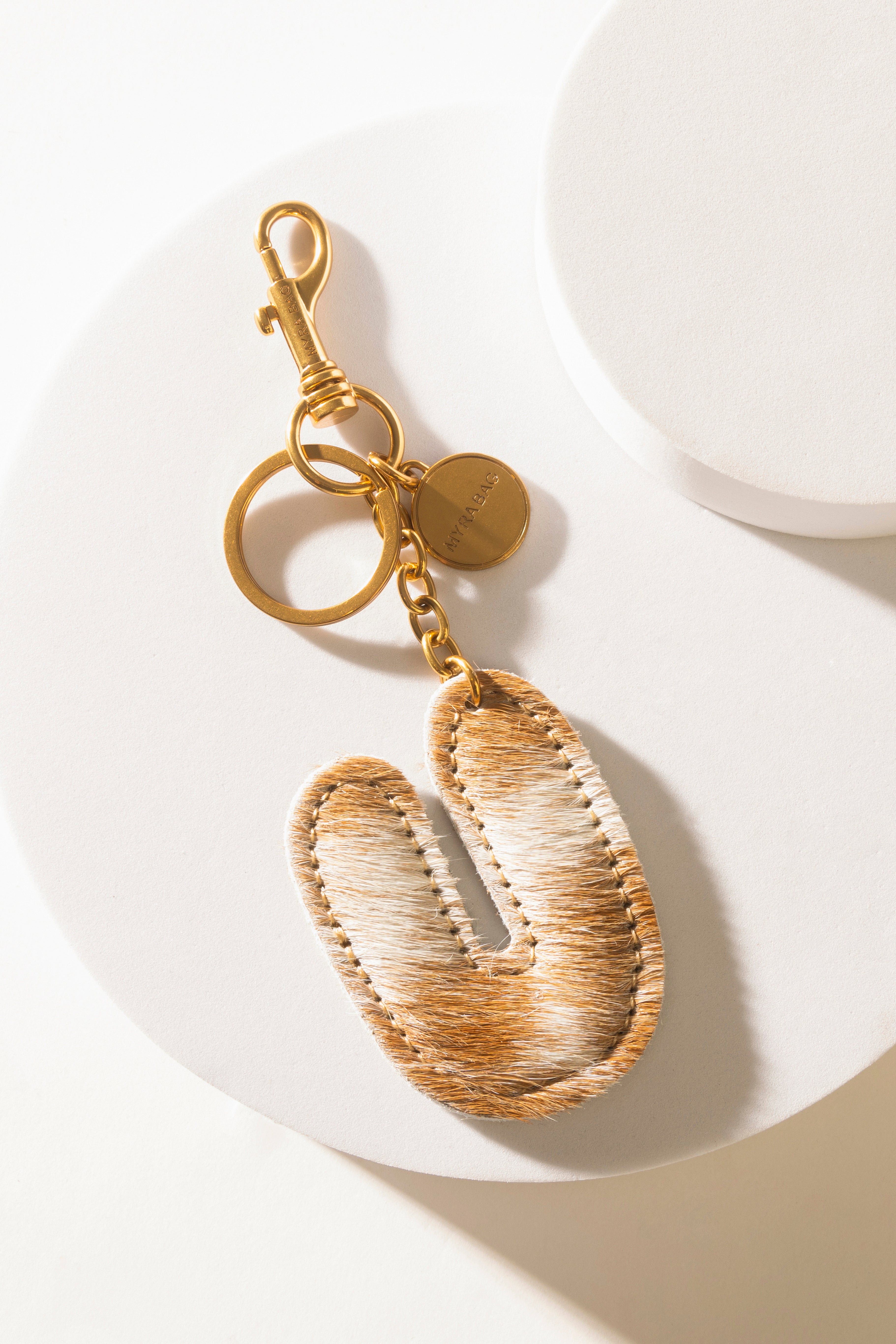 Alpha 'U' Hairon Bag Charm in Brown & White