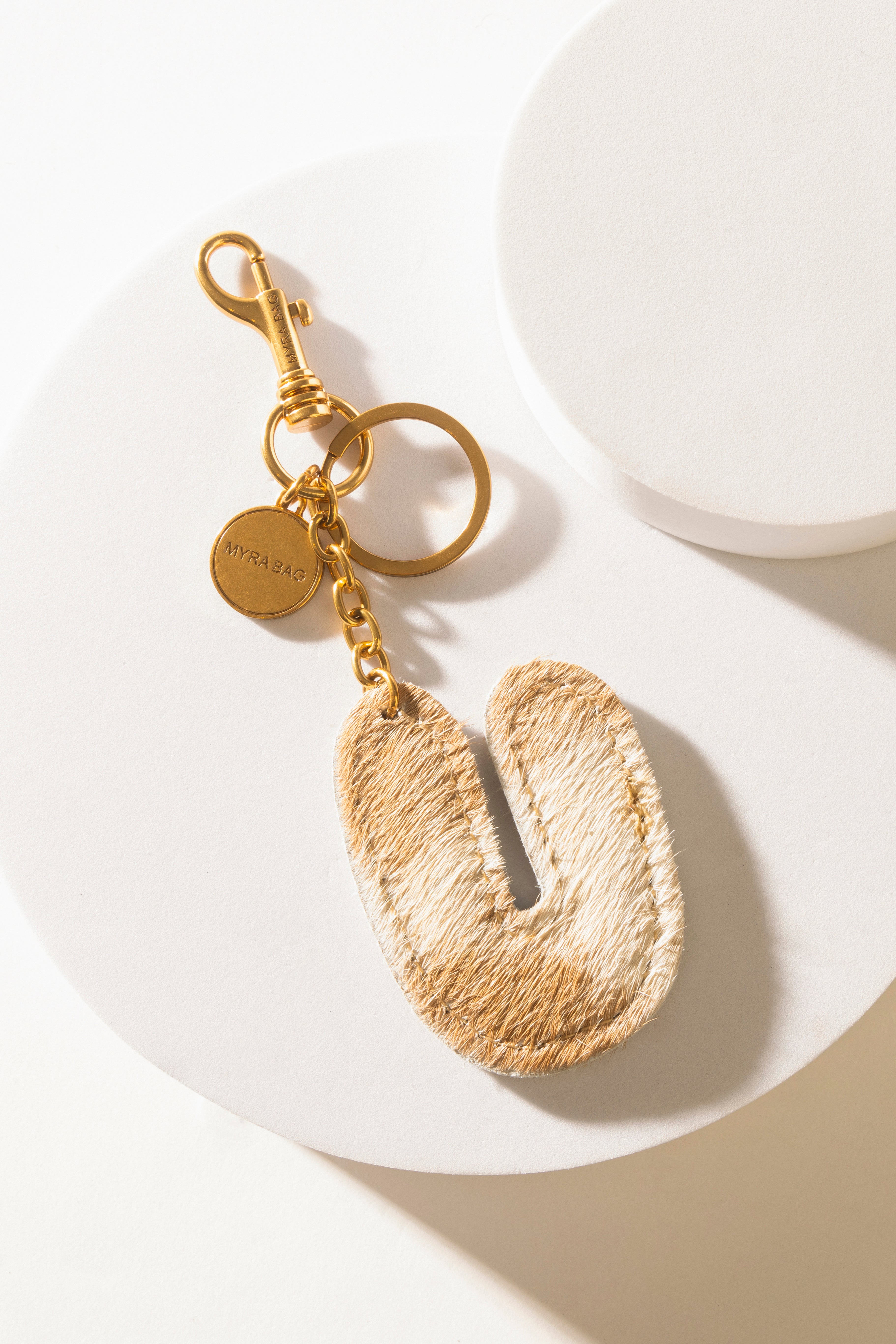 Alpha 'U' Hairon Bag Charm in Brown & White