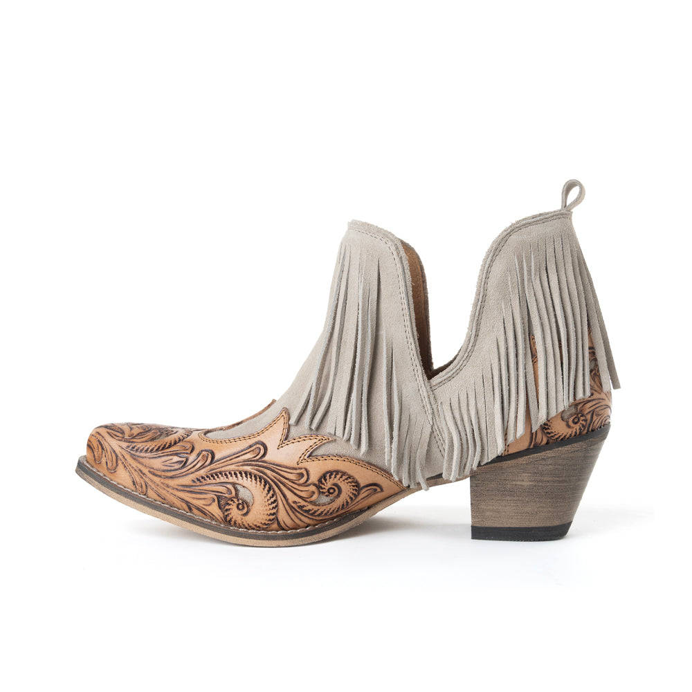 Cimarron Belle Fringed Handtooled Leather Booties in Wild Tan