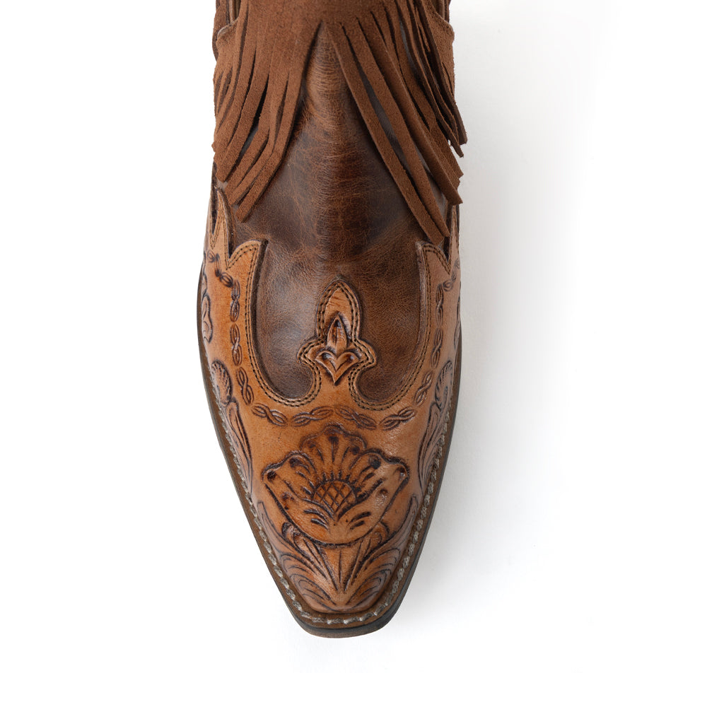Wild Ember Fringed Handtooled Leather Booties in Golden Rust