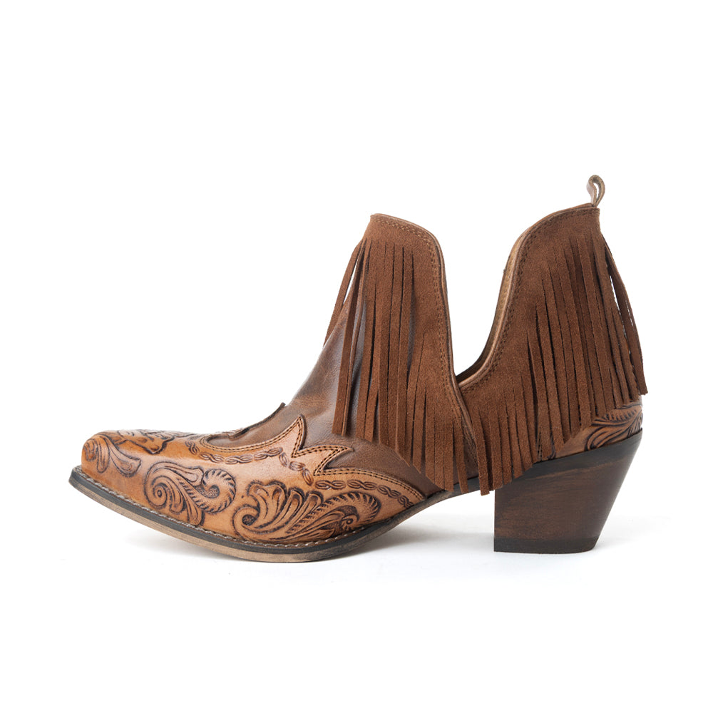 Wild Ember Fringed Handtooled Leather Booties in Golden Rust