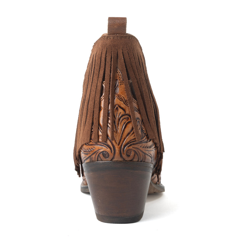 Wild Ember Fringed Handtooled Leather Booties in Golden Rust