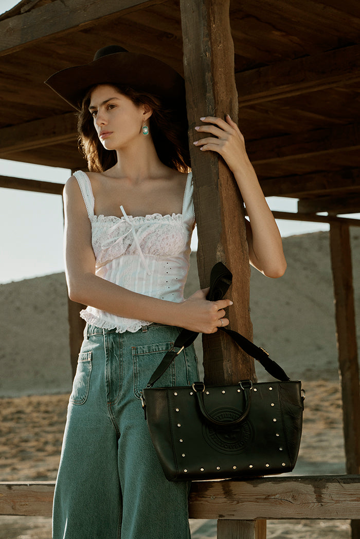 Yellowstone Valley Soul Studded & Embossed Tote Leather Bag in Ash