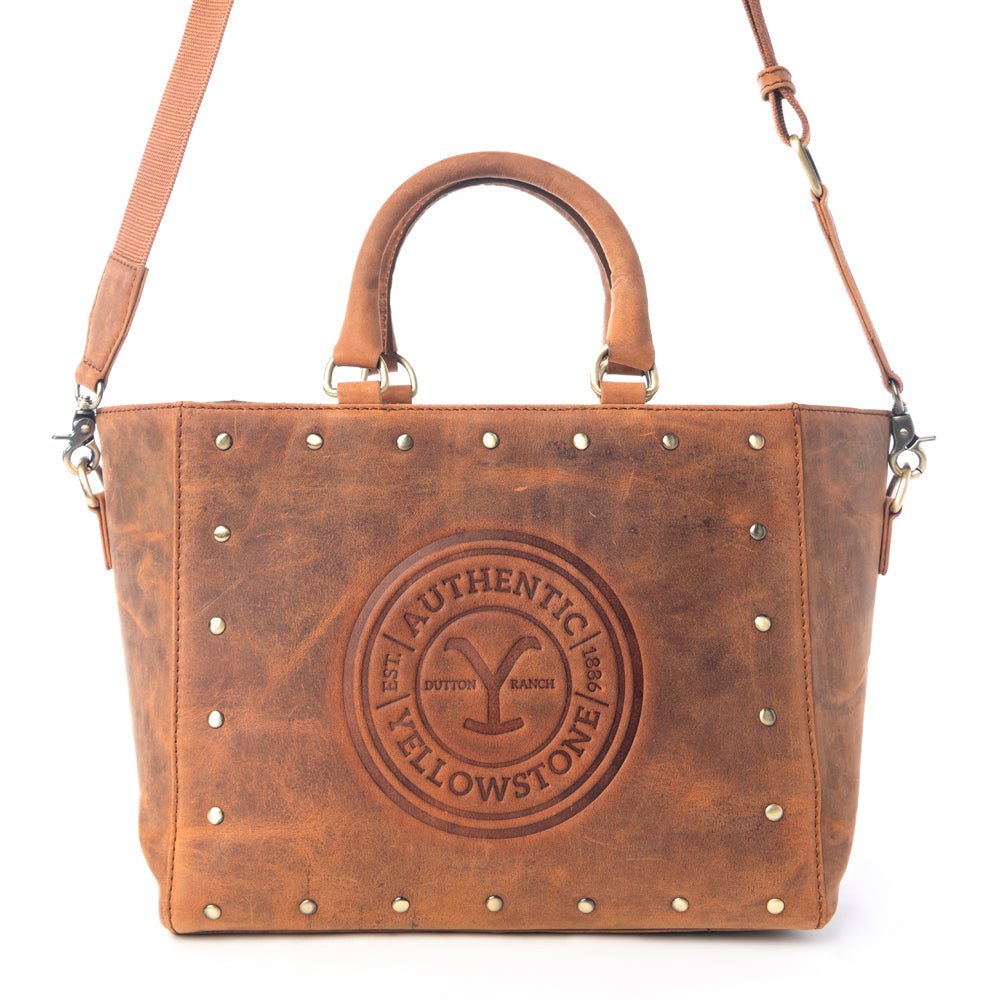 Yellowstone Valley Soul Studded & Embossed Tote Leather Bag in Amber