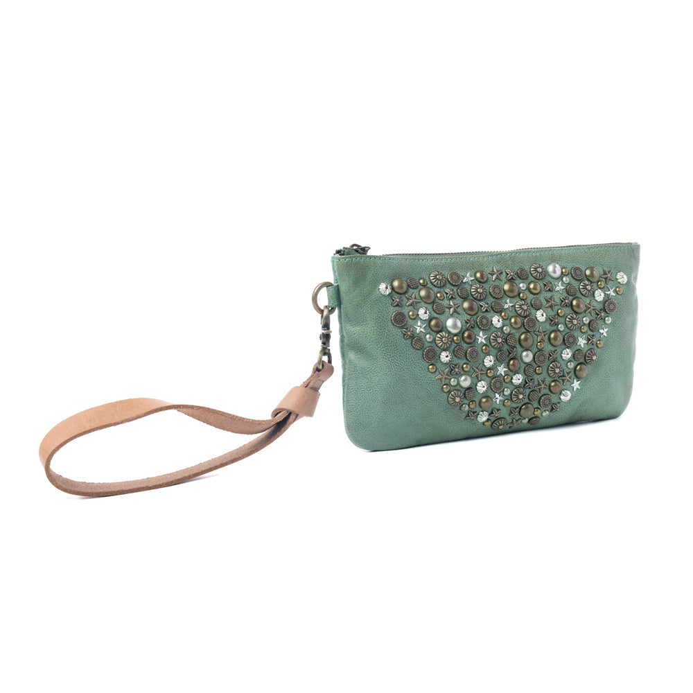 Empire Green Studded Wash Leather Pouch in Desert Olive