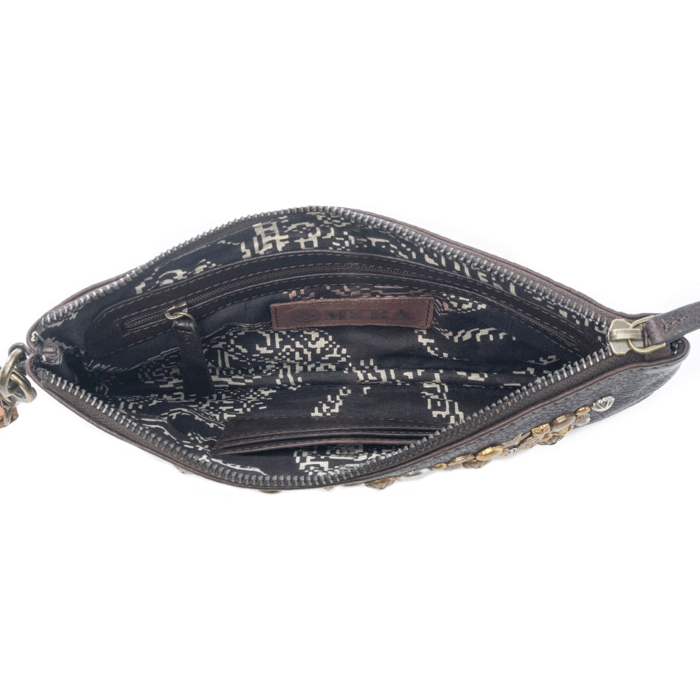 Gold Halo Studded Wash Leather Pouch in Antique Black