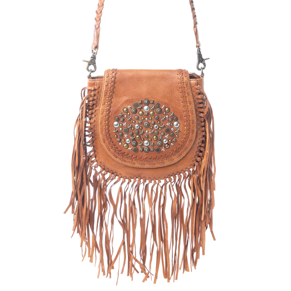 Festival Ember Studded Leather Bag with Fringes in Western Clay