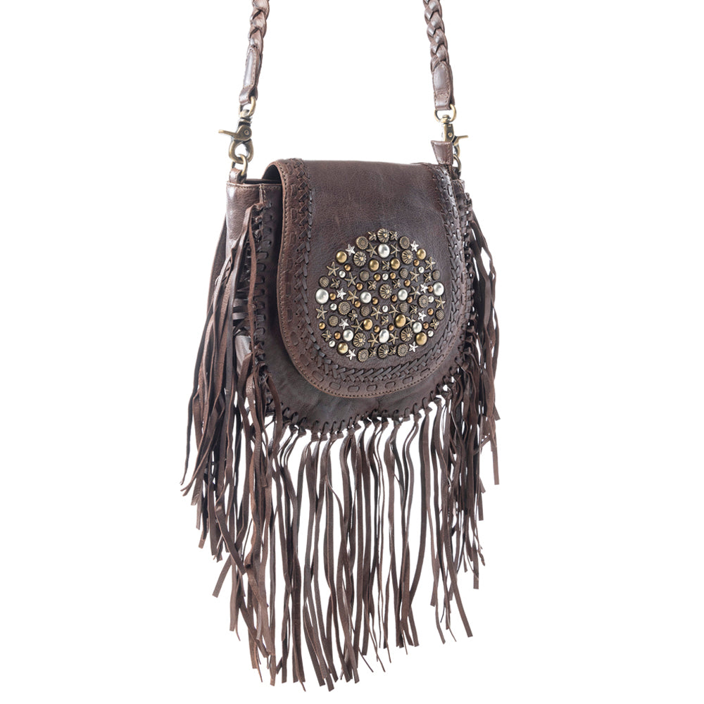 Luna Belle Studded Leather Bag with Fringes in Maverick Mocha