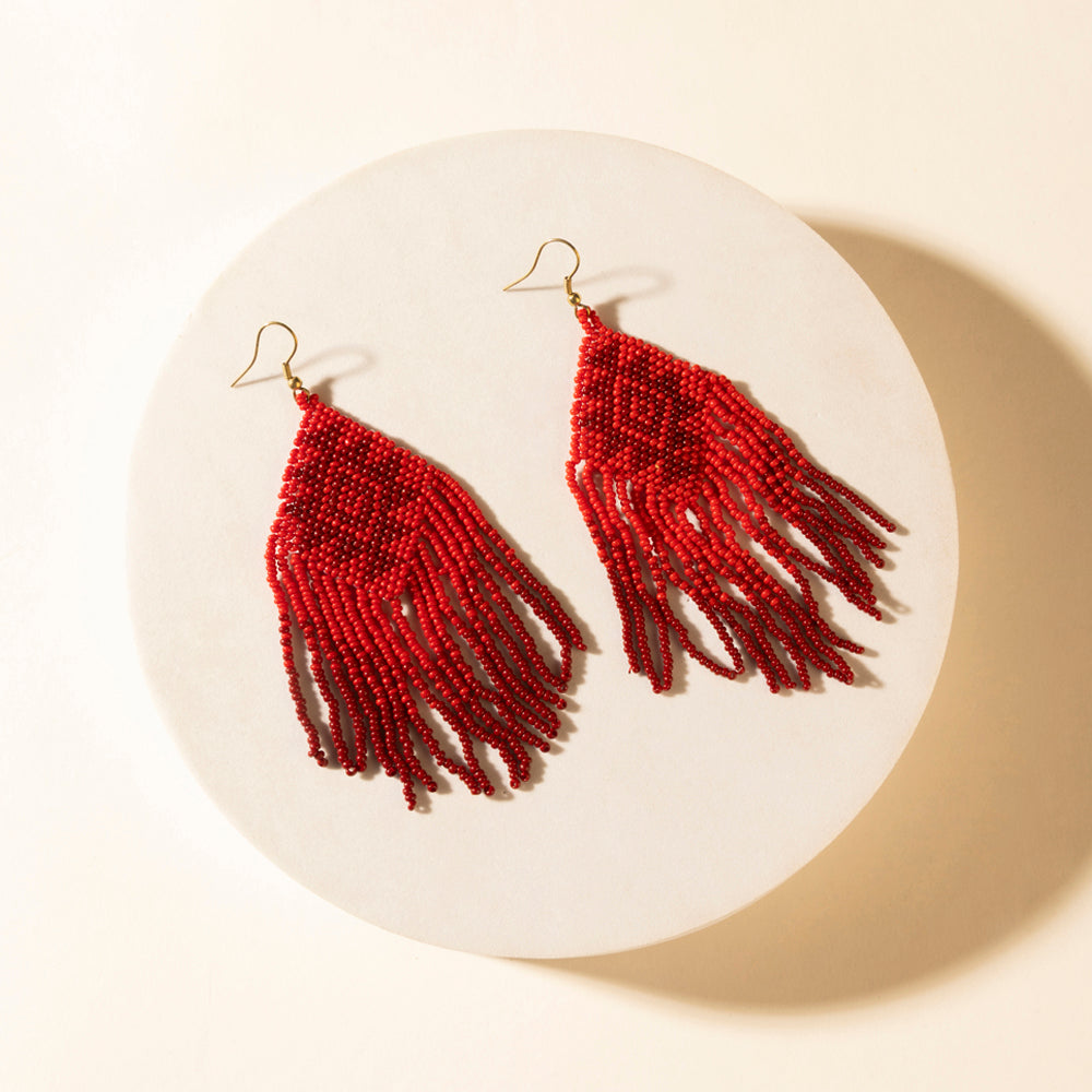 Wild Blaze Beaded Fringe Earrings in Ember Red