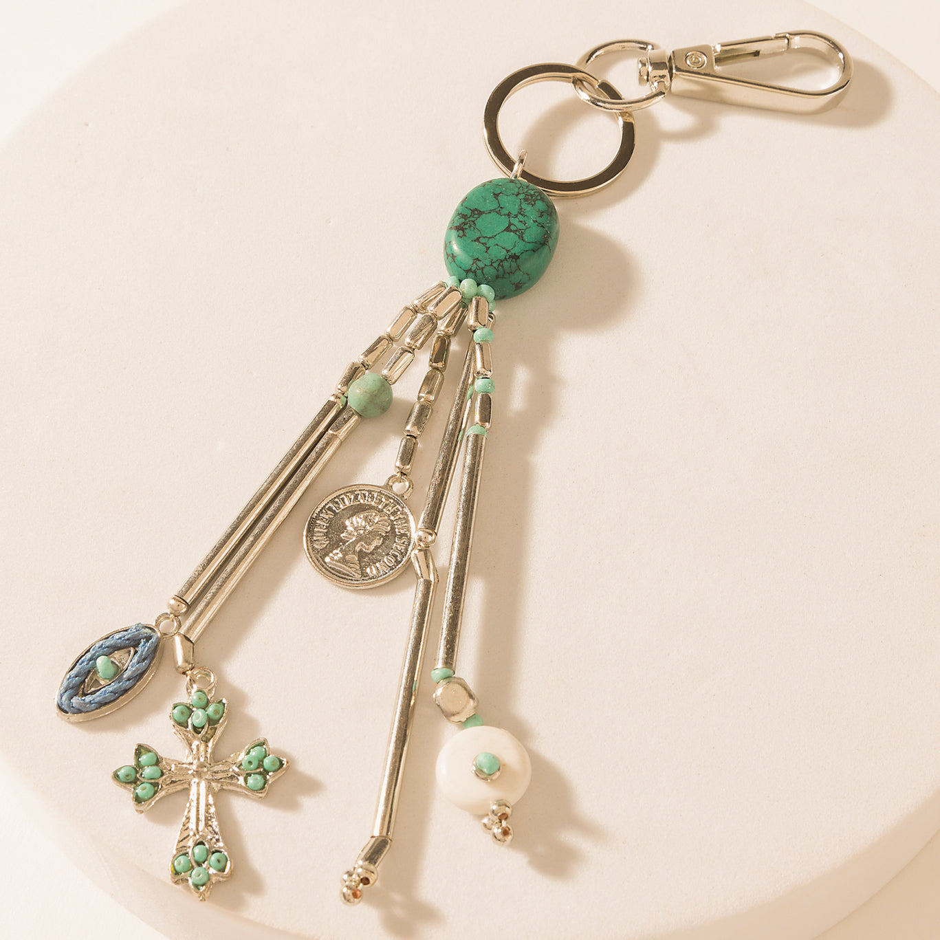 Blue Oval Charm Keychain in Aqua Silver