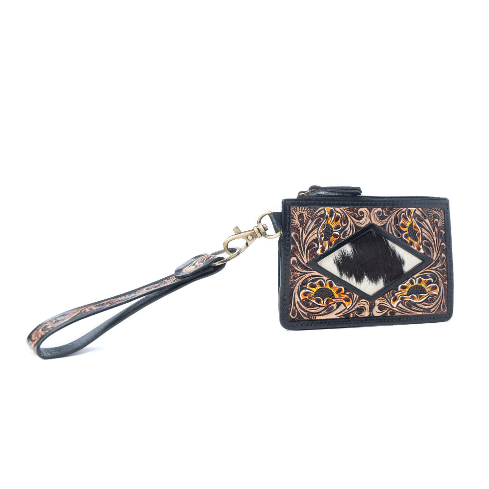 Lone Eclipse Handtooled Hairon Leather Card Holder in Saddle Storm