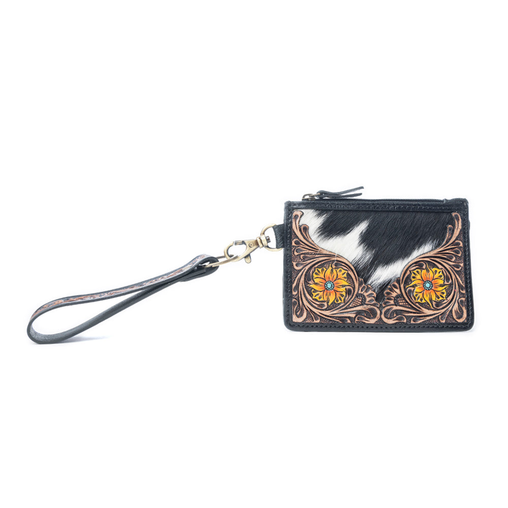 Wildflower Mesa Handtooled Hairon Leather Card Holder In Prairie Amber