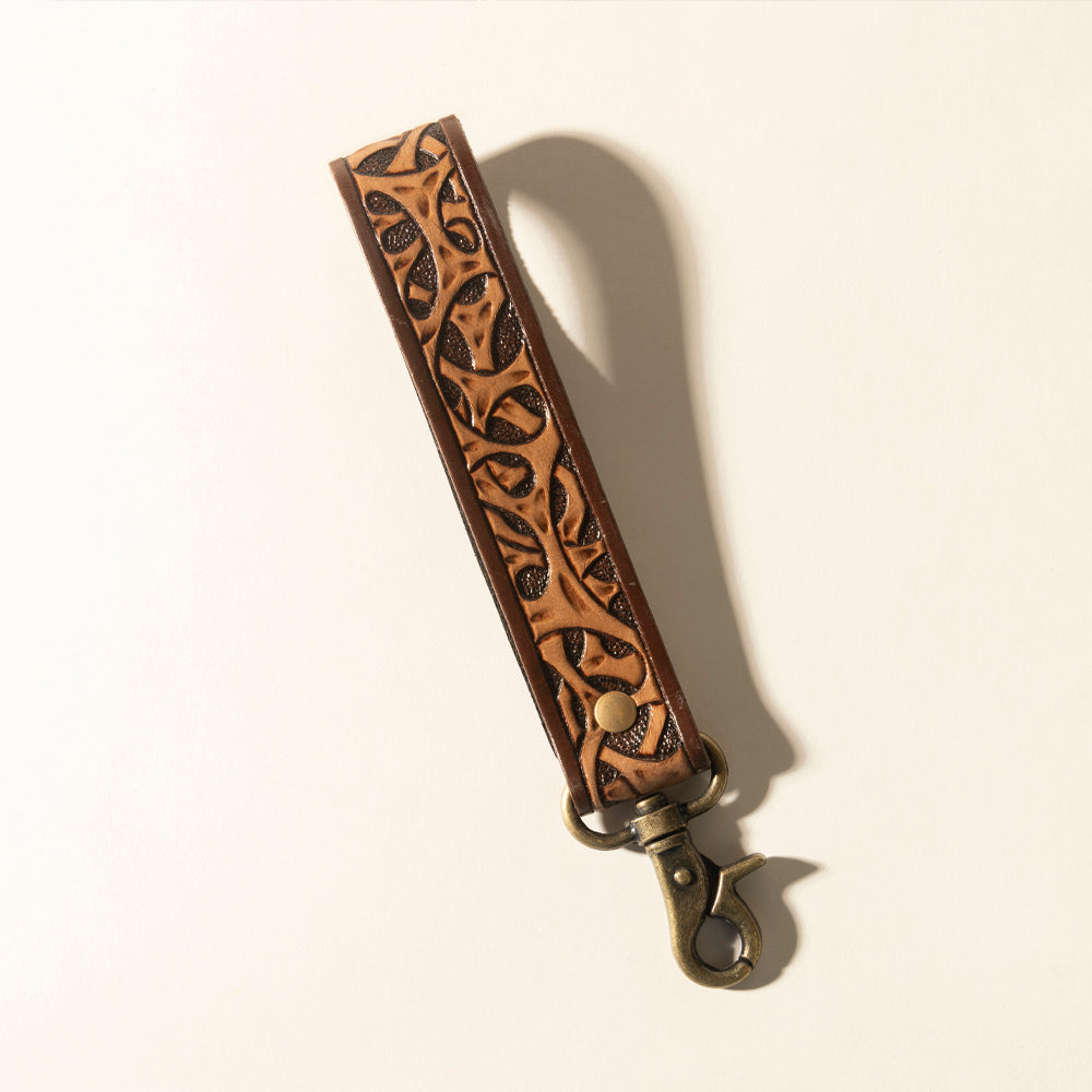 Myra Ranger's Call Handtooled Leather Keyfob in Mocha Brown