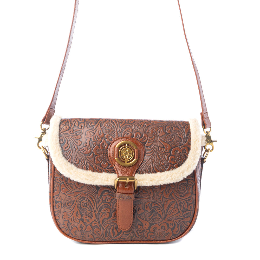 Alpine Rose Embossed Leather Crossbody Bag with Fur Accent in Chestnut Red