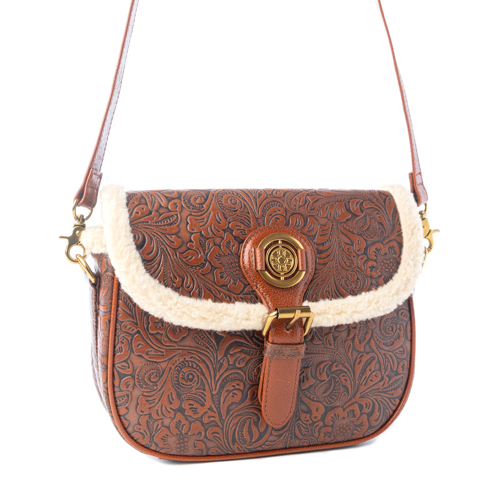 Alpine Rose Embossed Leather Crossbody Bag with Fur Accent in Chestnut Red