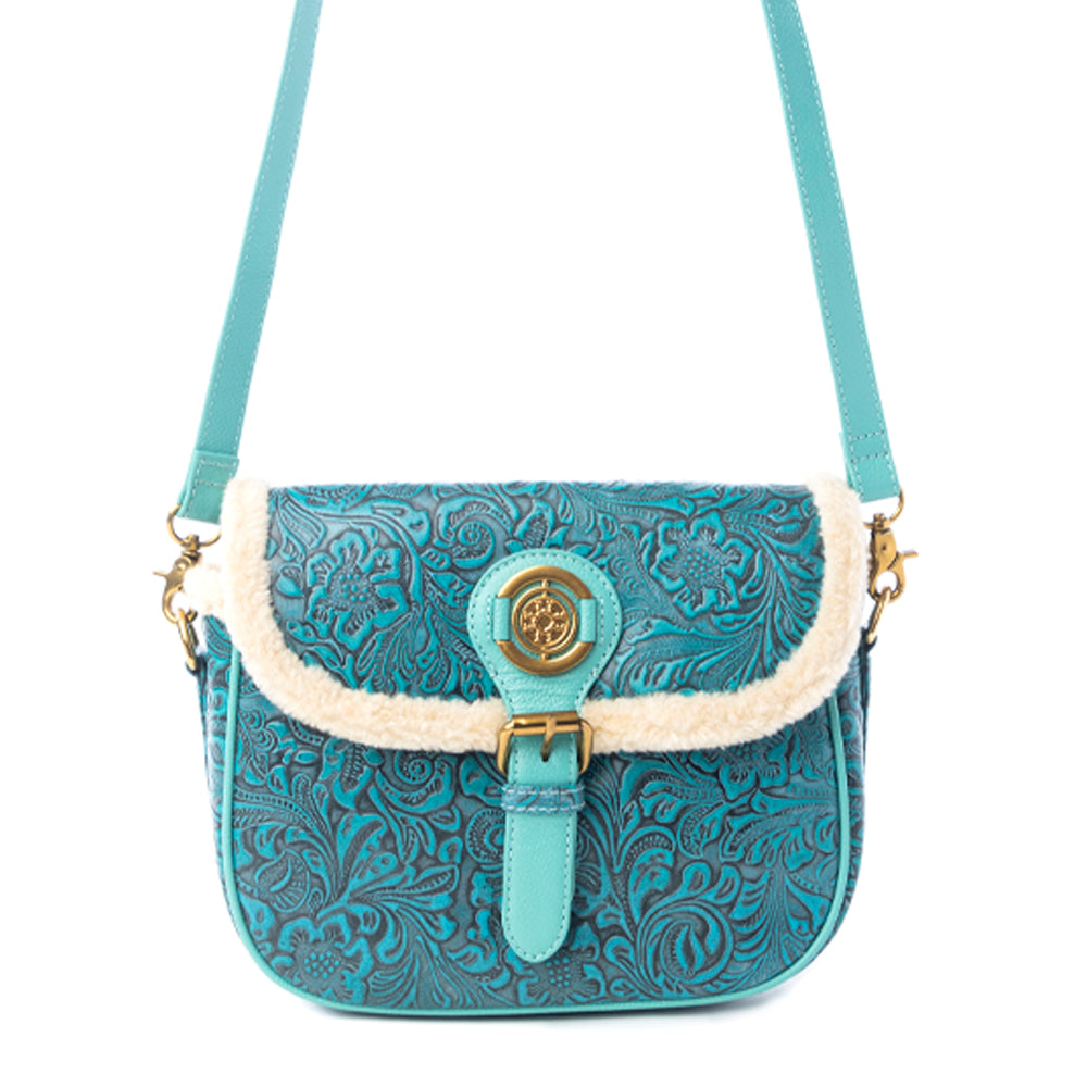 Turquesa Rose Embossed Leather Crossbody Bag with Fur Accent in Cactus Bloom