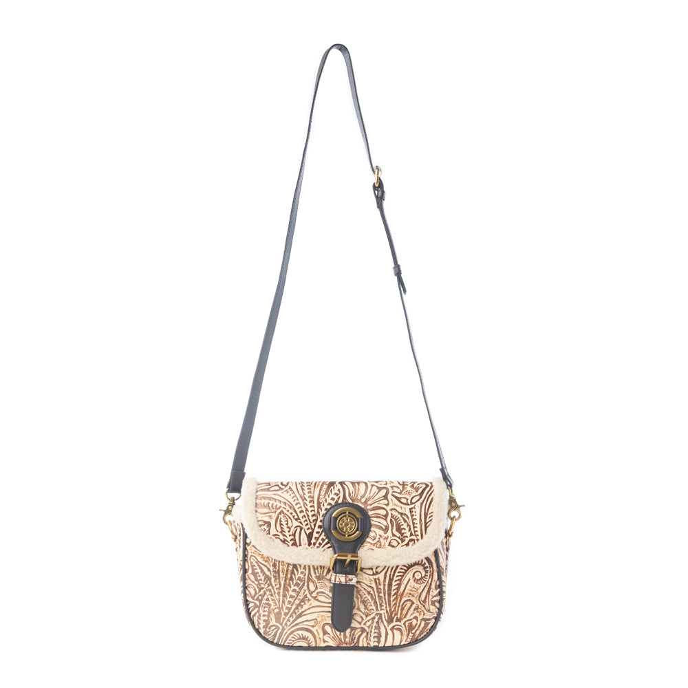 Alpine Rose Embossed Leather Crossbody Bag with Fur Accent Variant Combo