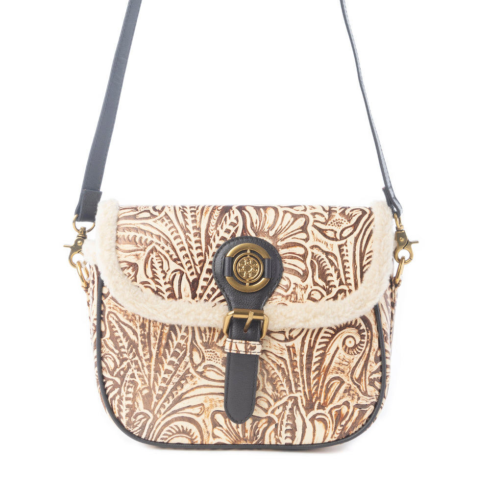 Alpine Rose Embossed Leather Crossbody Bag with Fur Accent Variant Combo