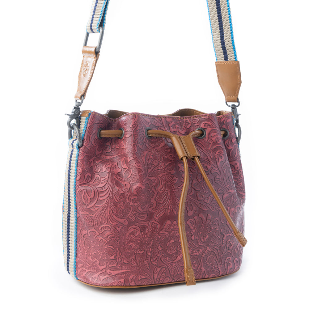 Emberlace Embossed Leather Bucket Bag in Berry Rouge