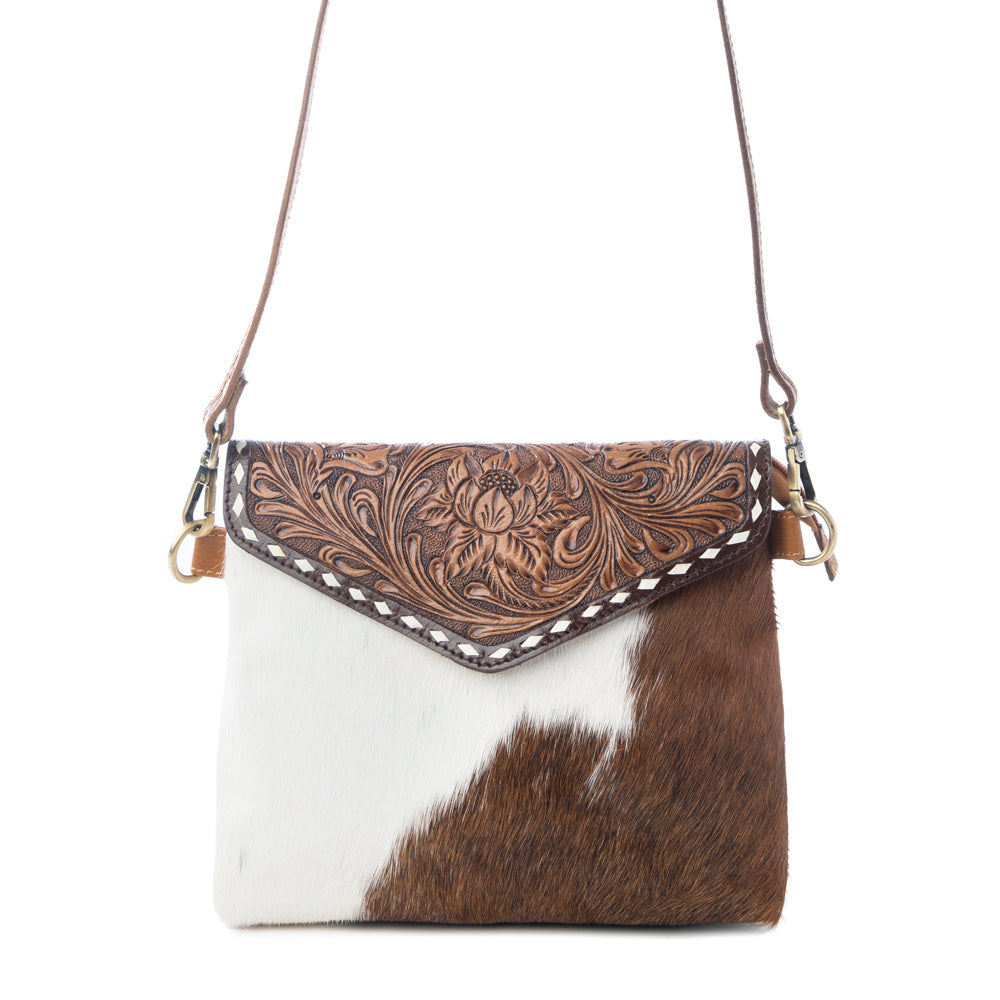 Dune Lily Handtooled Hairon Leather Bag in Snowdrift Hide
