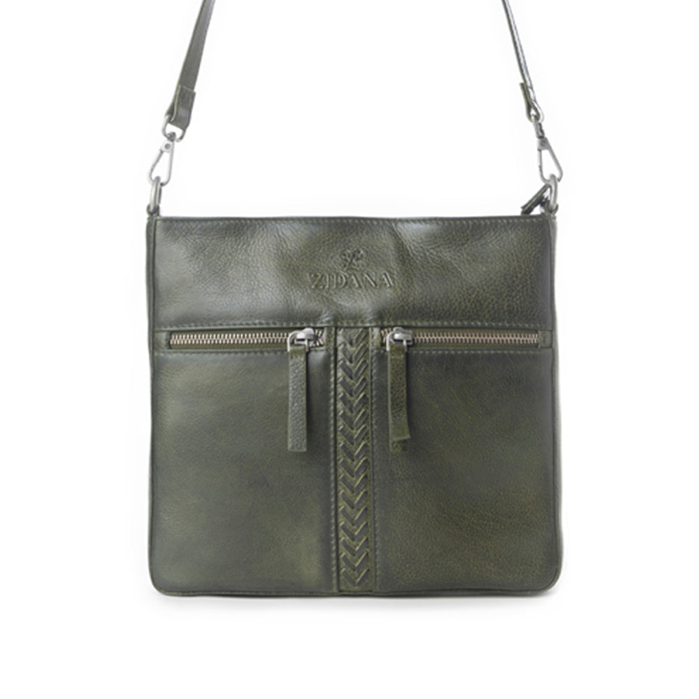 Myra Zidana El Paso Twin Veg Tanned Leather Crossbody Bag in Olive Grove
