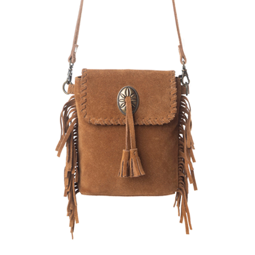 Myra Prairie Drift Fringed Leather Bag in Rodeo Bronze with Concho Accent