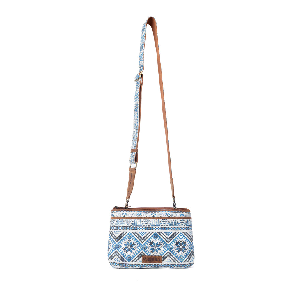 Tribal Hollow Cotton & Leather Crossbody Bag in Indigo Frost
