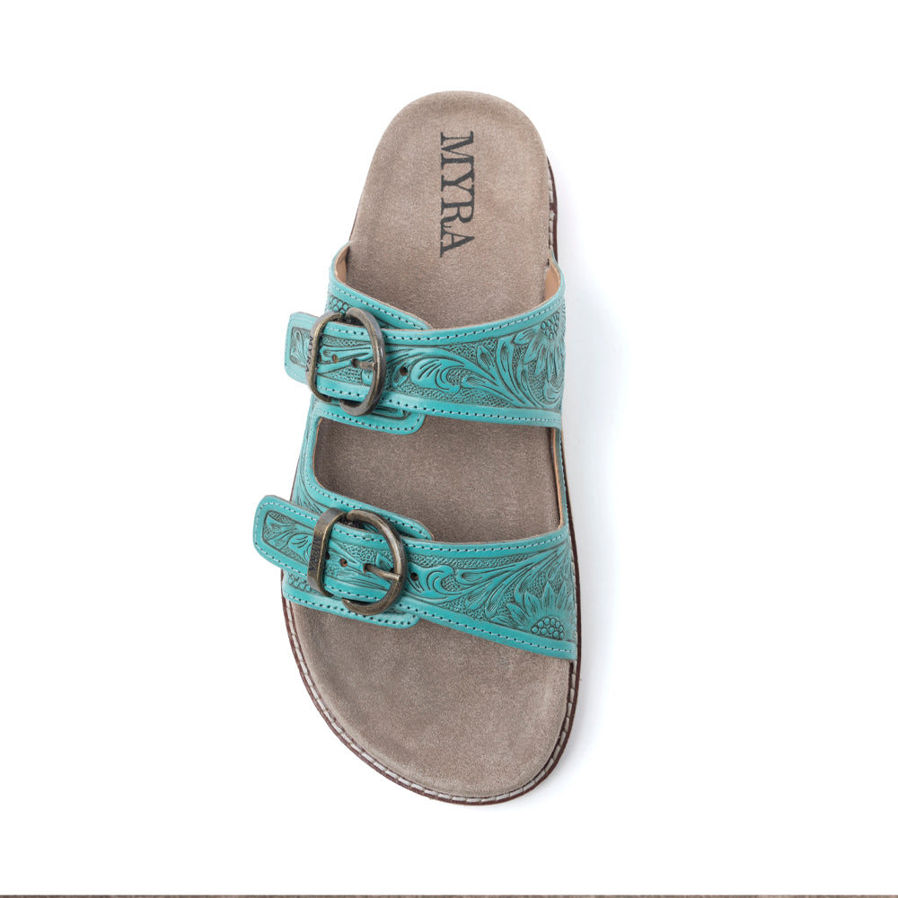 Bluebell Ranch Handtooled Leather Sandals in Alpine Teal