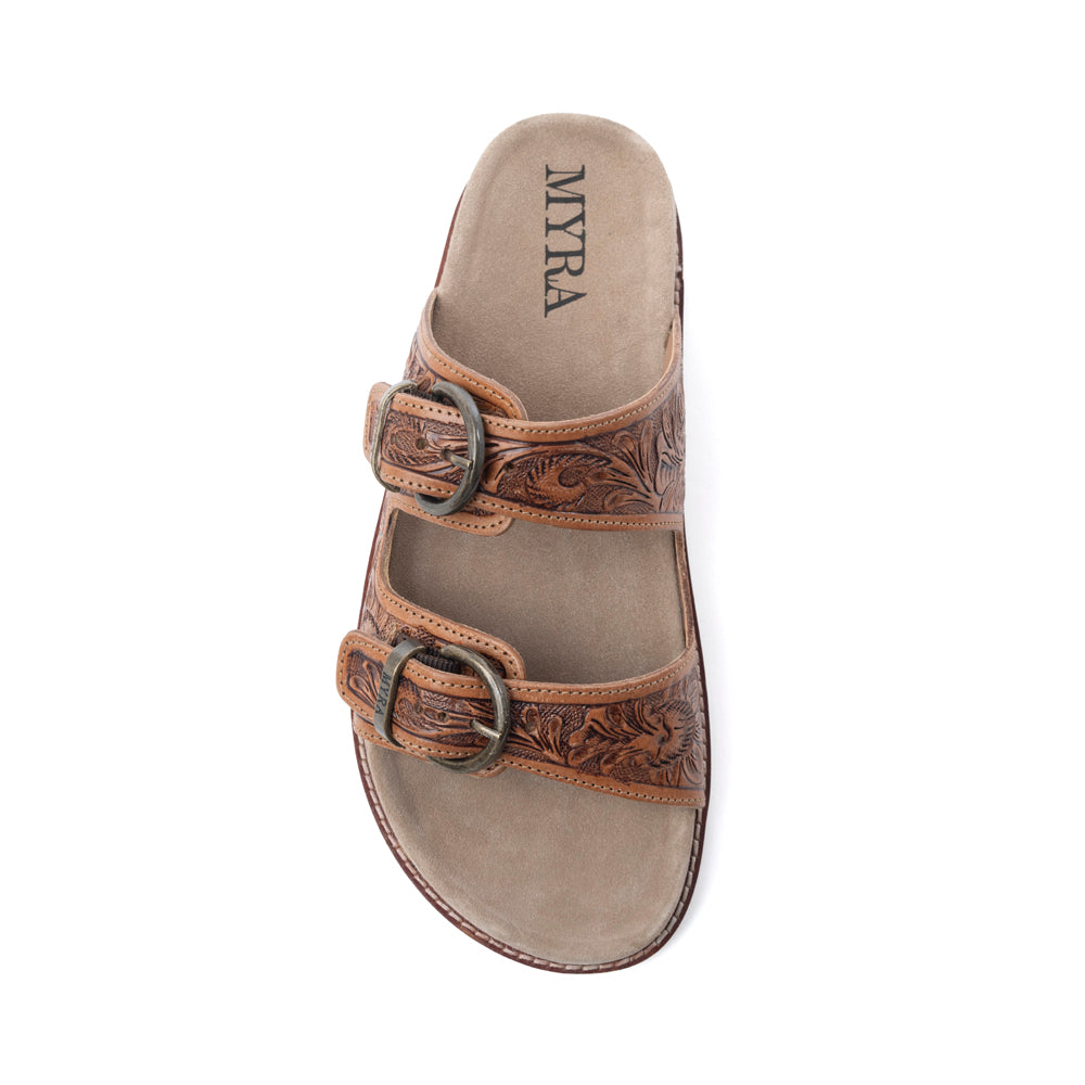 Desert Fern Handtooled Leather Sandals in Autumn Tan