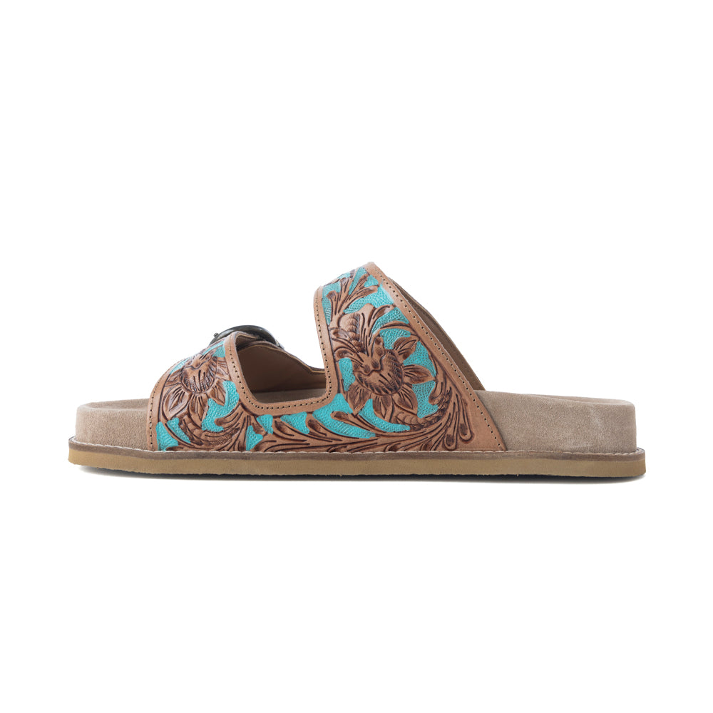Meadow Sky Handtooled Leather Sandals in Sagewave Blue