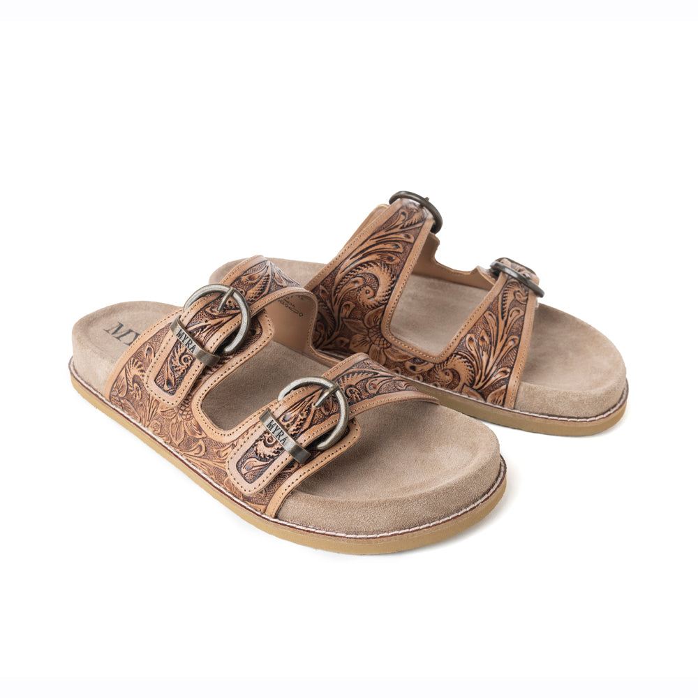 Willow Bloom Handtooled Leather Sandals in Ashen Brown